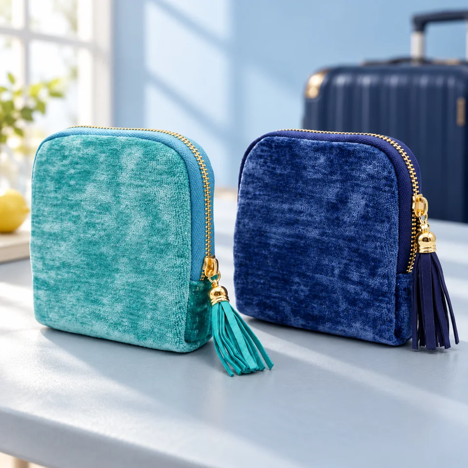 YAXIAO — deux pochettes à bijoux bleu et vert paon de YAXIAO, mise en situation dans un univers de voyage bleu-gris