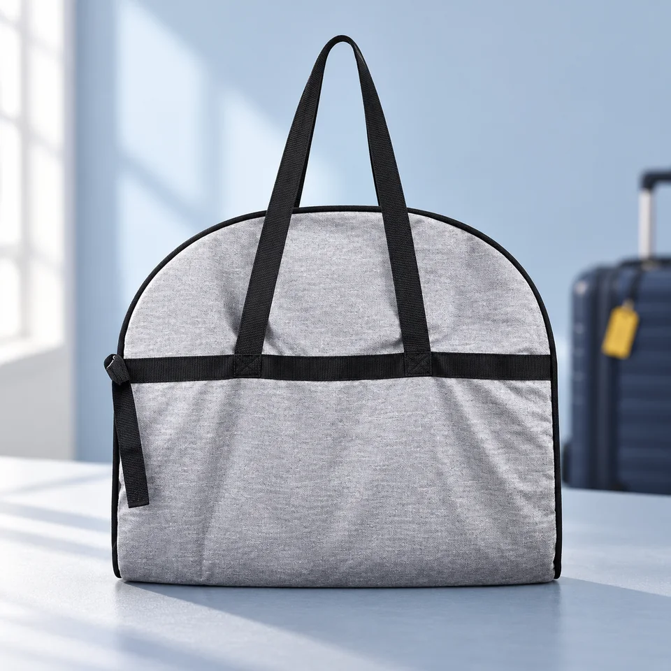 Yiomxhi — housse à vêtements pliable avec soufflet de Yiomxhi, mise en situation dans un univers de voyage bleu-gris