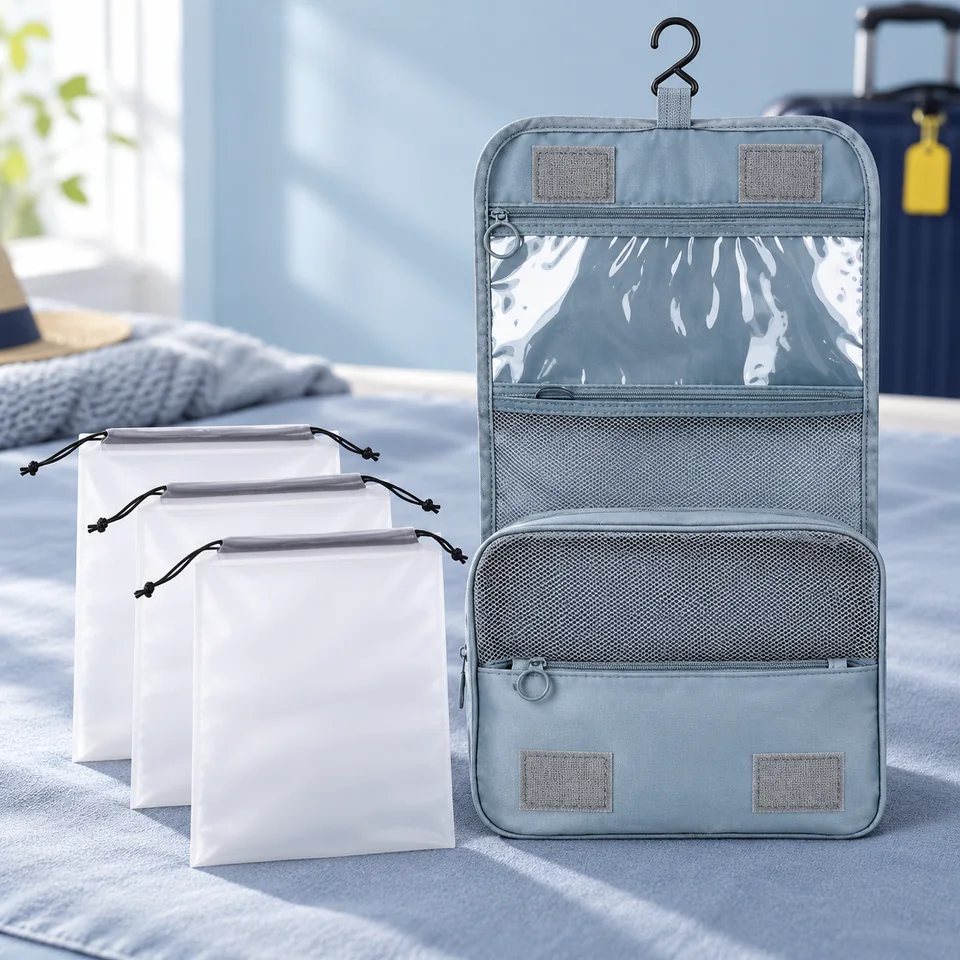 Zivacate — trousse suspendue grise et trois sacs de Zivacate, mise en situation dans un univers de voyage bleu-gris